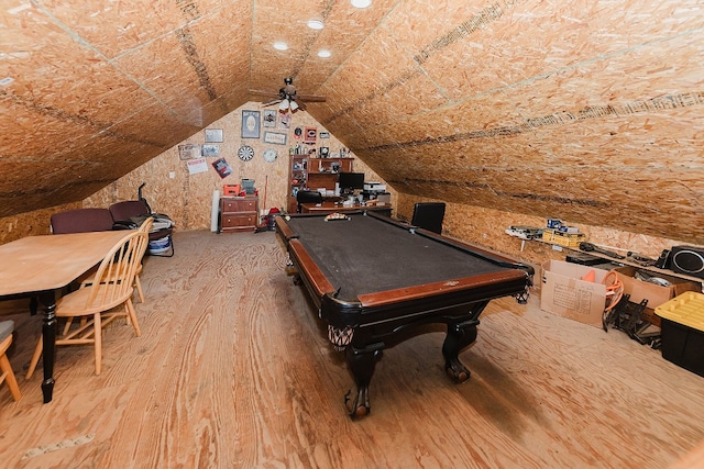 recreation room with pool table, vaulted ceiling, ceiling fan, and hardwood / wood-style flooring