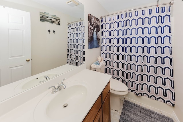 full bathroom with vanity, toilet, shower / bathtub combination with curtain, and tile patterned floors