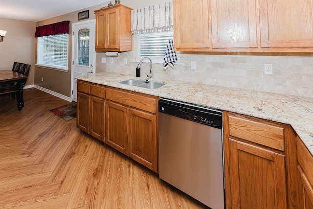 kitchen with dishwasher, plenty of natural light, tasteful backsplash, and sink