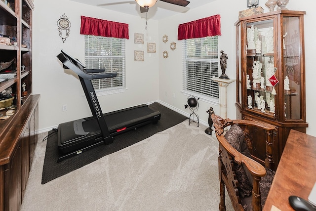 workout area featuring carpet, ceiling fan, and plenty of natural light