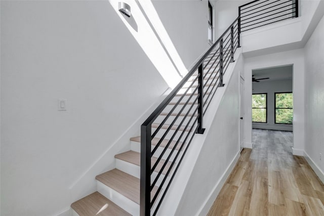 staircase with hardwood / wood-style floors and ceiling fan