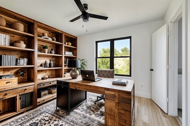 office featuring ceiling fan and light hardwood / wood-style flooring