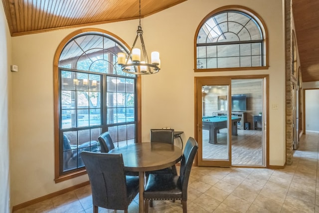 dining room featuring a notable chandelier, crown molding, vaulted ceiling, and wooden ceiling