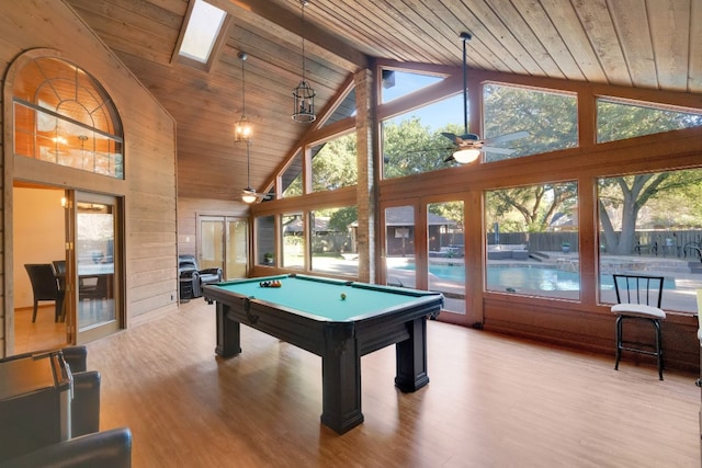 rec room featuring high vaulted ceiling, ceiling fan, beamed ceiling, and wooden ceiling