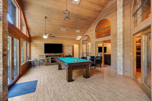 rec room with pool table, high vaulted ceiling, light hardwood / wood-style flooring, ceiling fan, and wooden ceiling