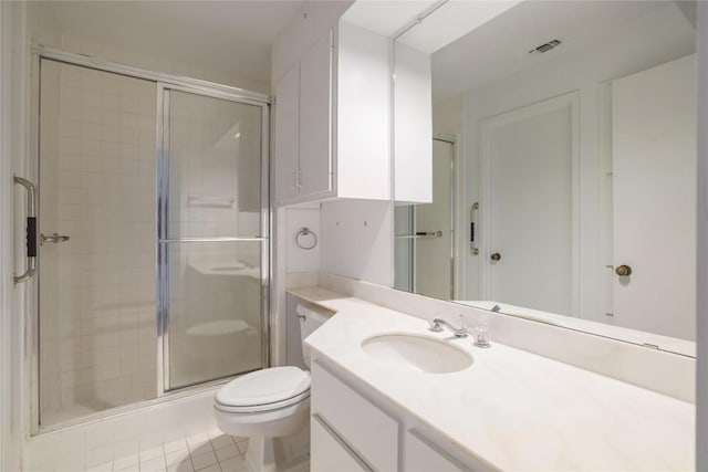 bathroom with vanity, tile patterned floors, toilet, a stall shower, and visible vents