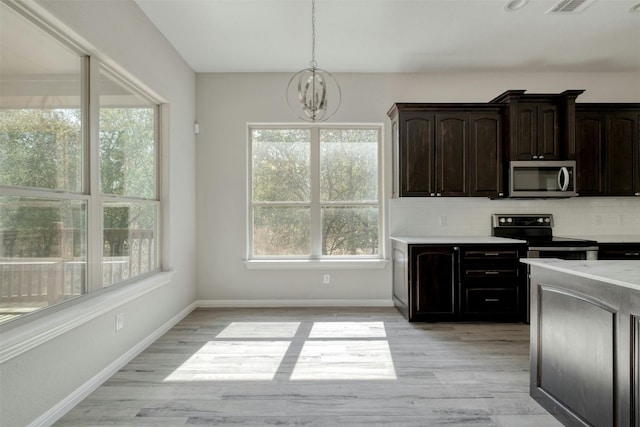 kitchen with tasteful backsplash, light hardwood / wood-style flooring, stainless steel appliances, dark brown cabinetry, and decorative light fixtures