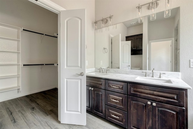 bathroom with wood-type flooring and vanity