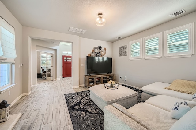 living room with light hardwood / wood-style flooring