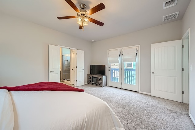 carpeted bedroom with ceiling fan and access to outside