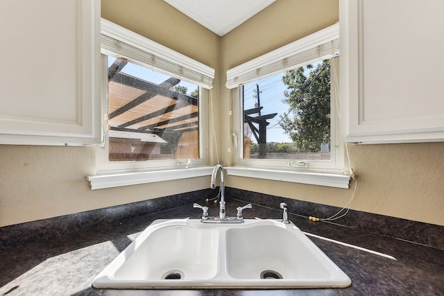 details with dark stone countertops, white cabinetry, and sink