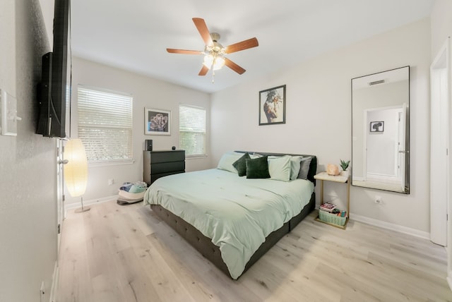 bedroom featuring ceiling fan and light wood-type flooring