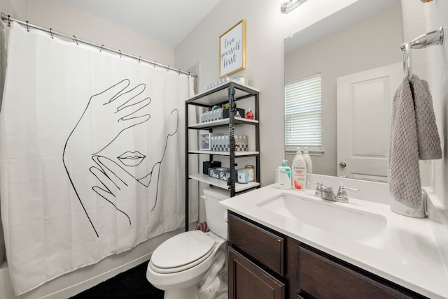 full bathroom with shower / bathtub combination with curtain, vanity, and toilet