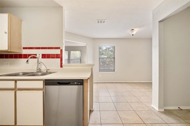 kitchen with light tile patterned flooring, decorative backsplash, sink, and stainless steel dishwasher