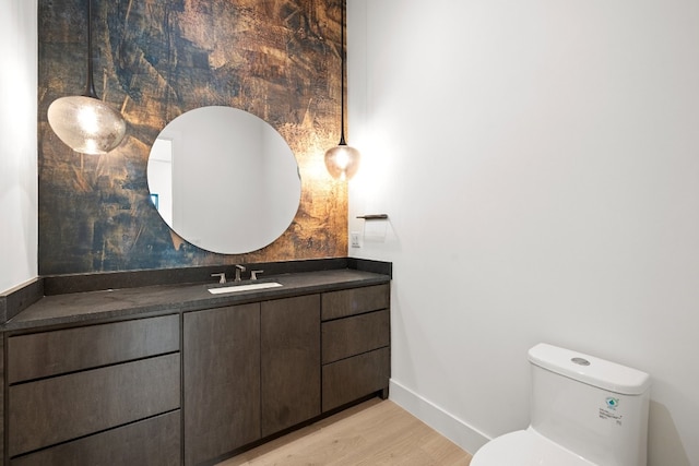 bathroom featuring vanity, hardwood / wood-style flooring, and toilet