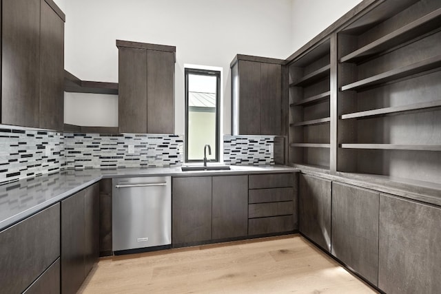 kitchen with decorative backsplash, dark brown cabinets, sink, stainless steel dishwasher, and light hardwood / wood-style floors