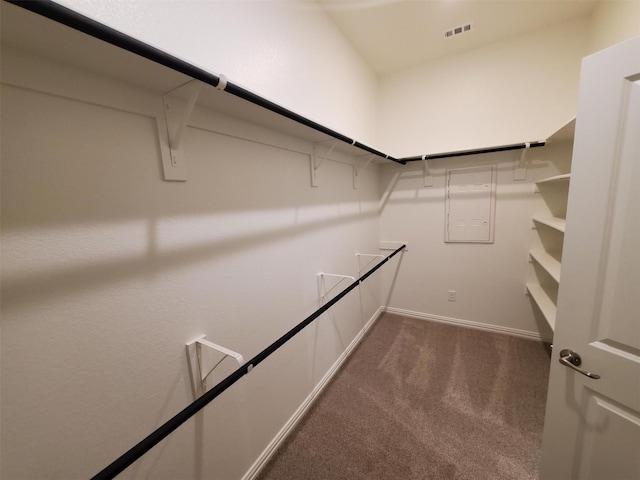 spacious closet featuring dark carpet