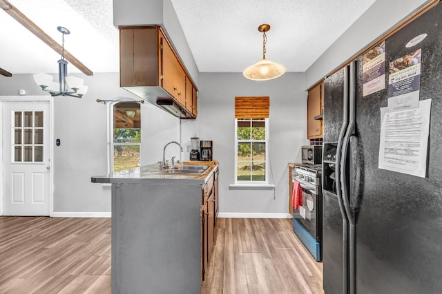 kitchen with stainless steel appliances, a textured ceiling, light hardwood / wood-style flooring, decorative light fixtures, and sink