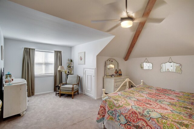 carpeted bedroom featuring ceiling fan and vaulted ceiling with beams