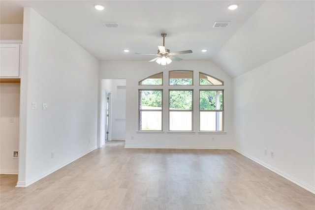 1425 Cole Estates Dr, Georgetown, TX 78628 - empty room with a ceiling fan, light wood finished floors, recessed lighting, vaulted ceiling, and baseboards
