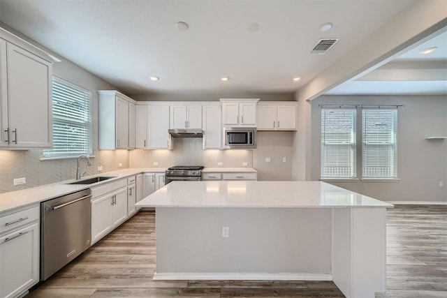 kitchen with appliances with stainless steel finishes, a center island, light hardwood / wood-style flooring, and sink