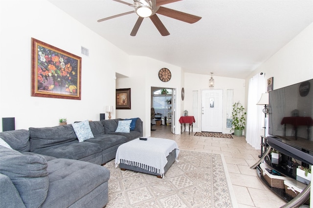 living room with lofted ceiling and ceiling fan