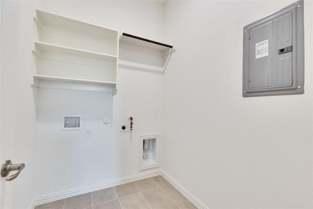 laundry room with gas dryer hookup, light tile patterned floors, electric panel, washer hookup, and hookup for an electric dryer