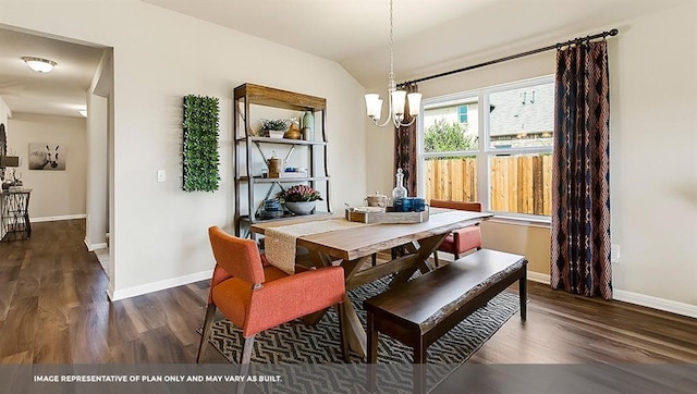 dining room featuring a notable chandelier, lofted ceiling, and dark hardwood / wood-style flooring