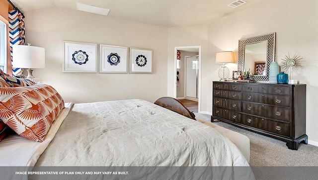 carpeted bedroom featuring vaulted ceiling