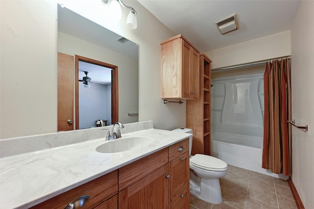 full bathroom with shower / bathtub combination with curtain, tile patterned floors, ceiling fan, vanity, and toilet