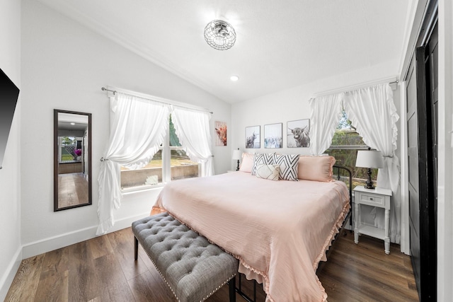 bedroom featuring lofted ceiling and dark hardwood / wood-style floors