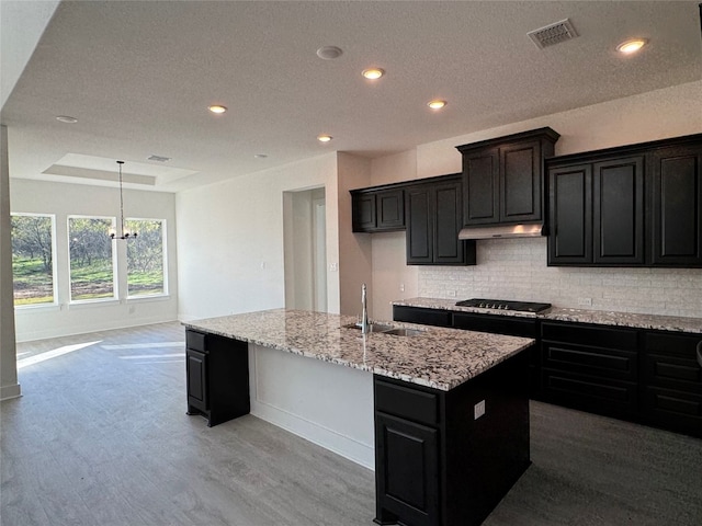 kitchen with pendant lighting, a center island with sink, black gas stovetop, sink, and light hardwood / wood-style floors