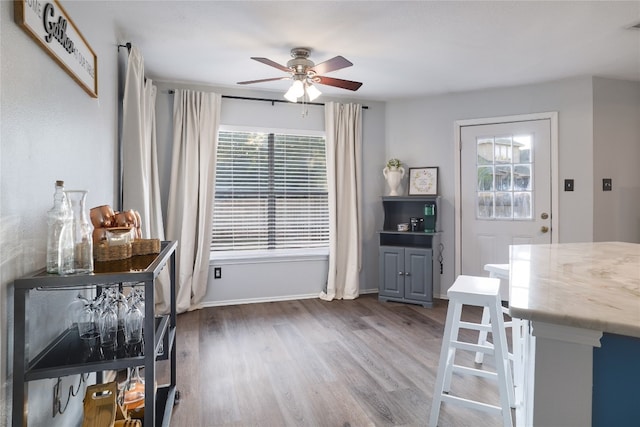 dining space featuring ceiling fan, hardwood / wood-style flooring, and a healthy amount of sunlight