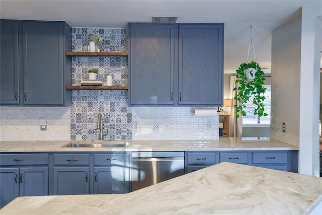 kitchen with backsplash, stainless steel dishwasher, sink, and blue cabinetry