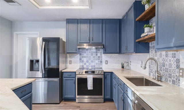 kitchen with stainless steel appliances, light stone countertops, sink, and blue cabinetry