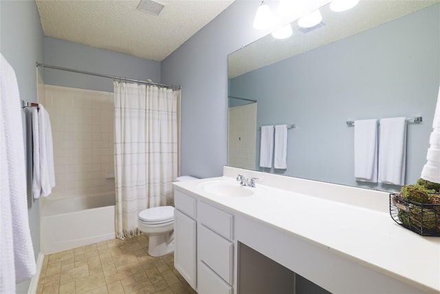 full bathroom featuring a textured ceiling, toilet, vanity, visible vents, and shower / bath combo with shower curtain