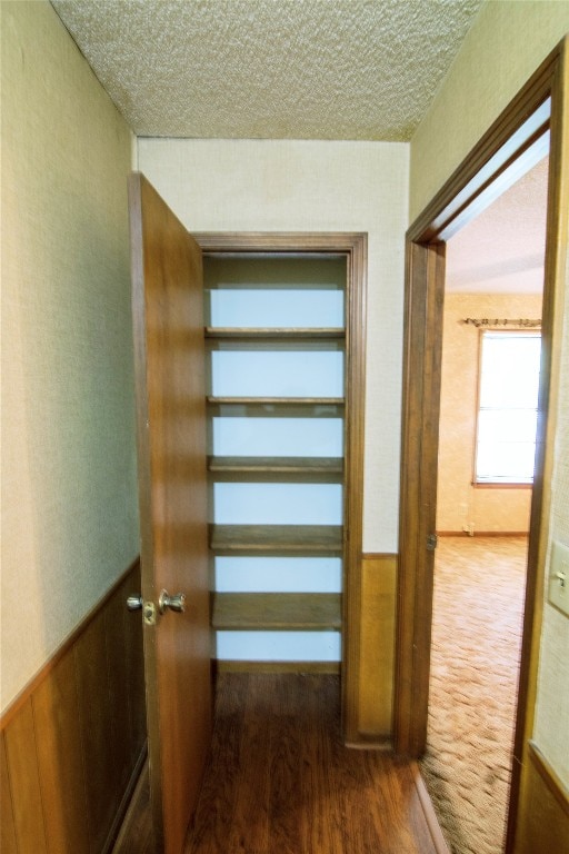 hallway with wood-type flooring, a textured ceiling, and wood walls