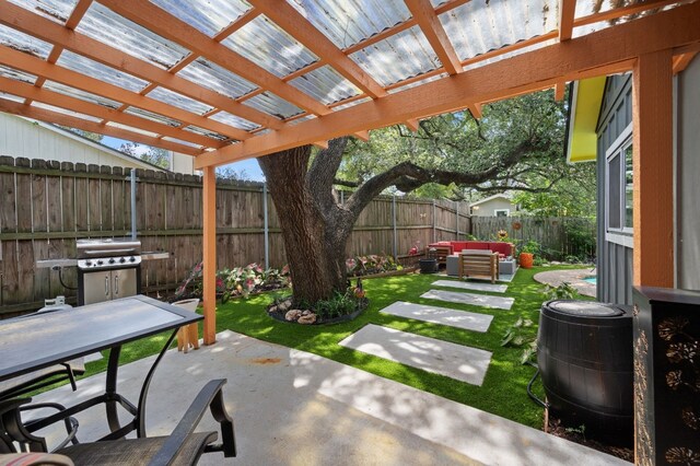 view of patio / terrace featuring an outdoor living space and a pergola