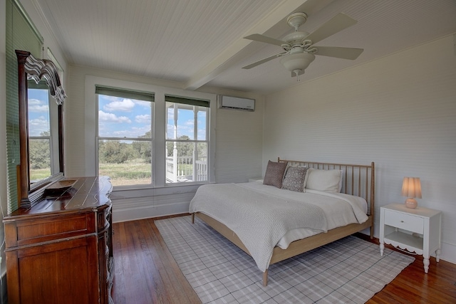 bedroom featuring a wall unit AC, ceiling fan, beam ceiling, and wood-type flooring