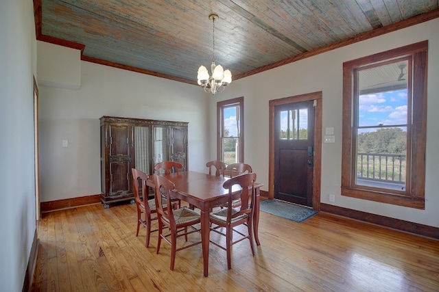 dining room featuring wooden ceiling, crown molding, light hardwood / wood-style flooring, and an inviting chandelier