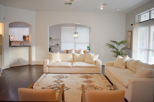 living room featuring sink, a healthy amount of sunlight, and dark hardwood / wood-style floors