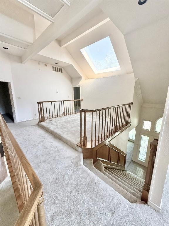 7011 Quill Leaf Cv, Austin, TX 78750 - stairway featuring carpet floors and a skylight