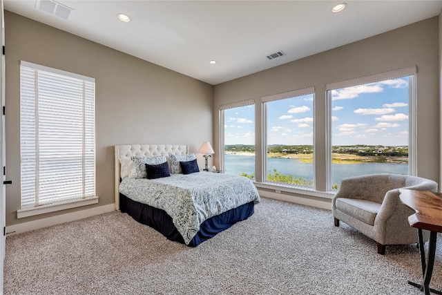 carpeted bedroom with a water view