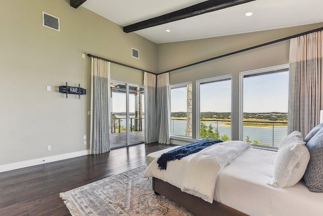1612 Watercliffe Dr, Lago Vista, TX 78645 - bedroom featuring access to exterior, multiple windows, beamed ceiling, baseboards, and wood finished floors