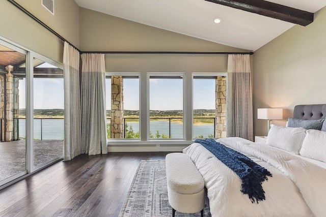 1612 Watercliffe Dr, Lago Vista, TX 78645 - bedroom featuring access to outside, multiple windows, dark wood-style flooring, a water view, and recessed lighting