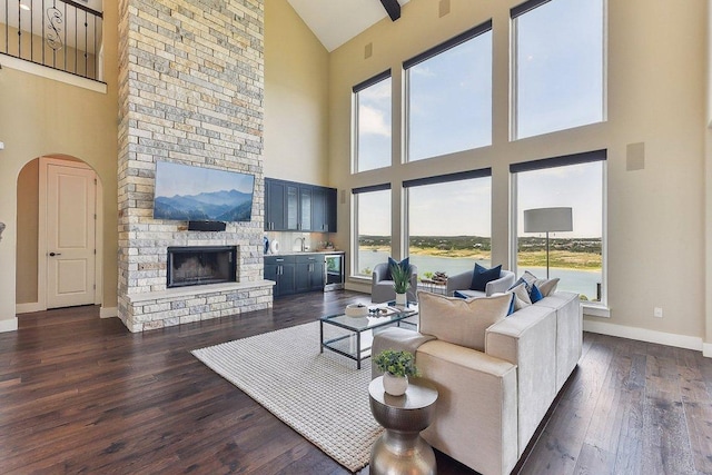 1612 Watercliffe Dr, Lago Vista, TX 78645 - living area featuring high vaulted ceiling, arched walkways, dark wood finished floors, baseboards, and a stone fireplace
