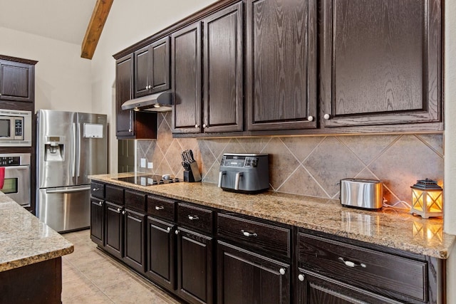 kitchen featuring dark brown cabinetry, lofted ceiling with beams, and stainless steel appliances