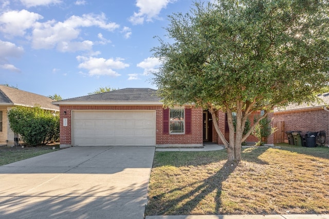 ranch-style house with a garage and a front lawn