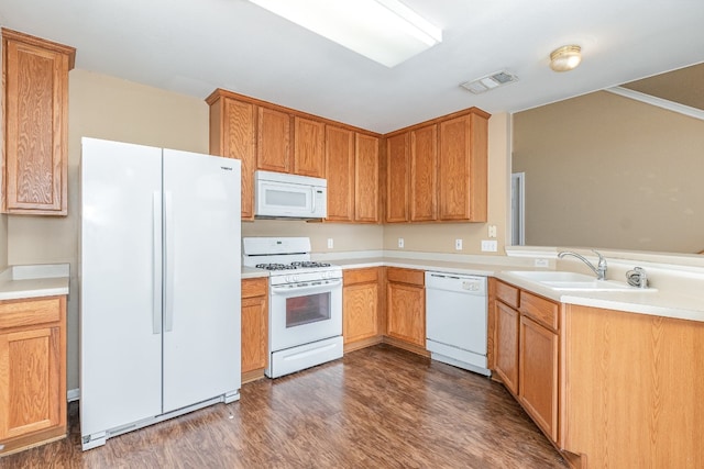 kitchen featuring white appliances, sink, and dark hardwood / wood-style flooring