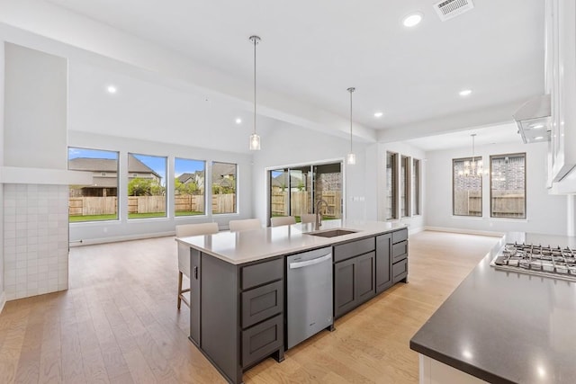 105 Bull Ridge Trl, Georgetown, TX 78628 - kitchen featuring stainless steel appliances, open floor plan, a sink, recessed lighting, and light wood-style floors